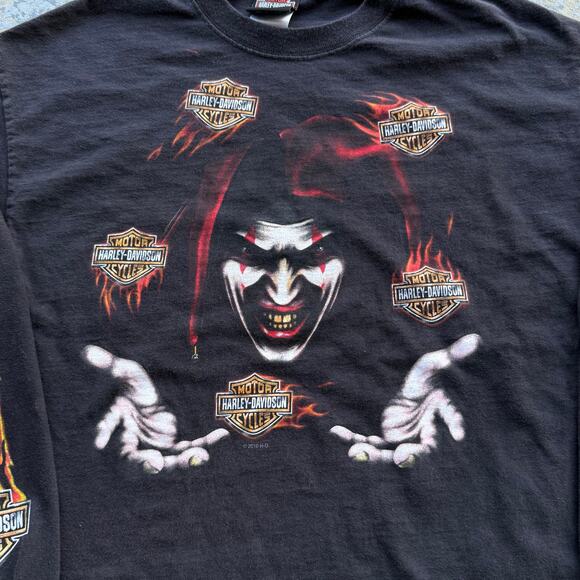 Y2K Harley Davidson Jester Flaming Flames Sleeves Faded Black Sz L - Picture 2 of 8